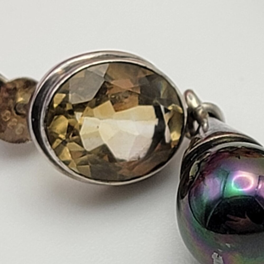 925 Sterling Silver Citrine And Peacock Pearl Teardrop Earrings Pierced  1.5" - Picture 2 of 10